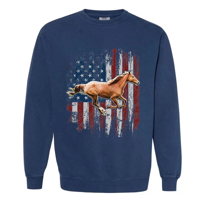 Patriotic Horse American Flag Horseback Riding Garment-Dyed Sweatshirt