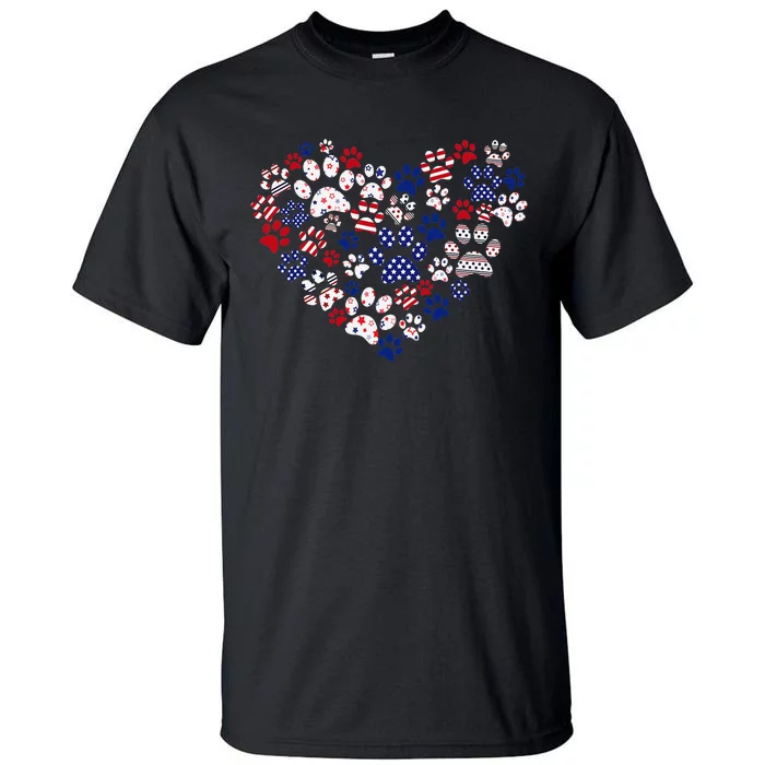 Patriotic Heart American Flag 4th Of July Dog Paw Prints Tall T-Shirt