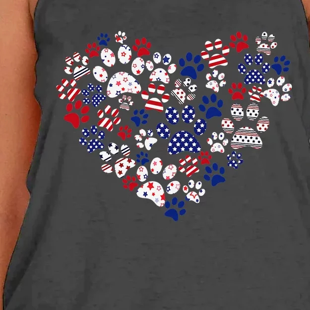 Patriotic Heart American Flag 4th Of July Dog Paw Prints Women's Knotted Racerback Tank