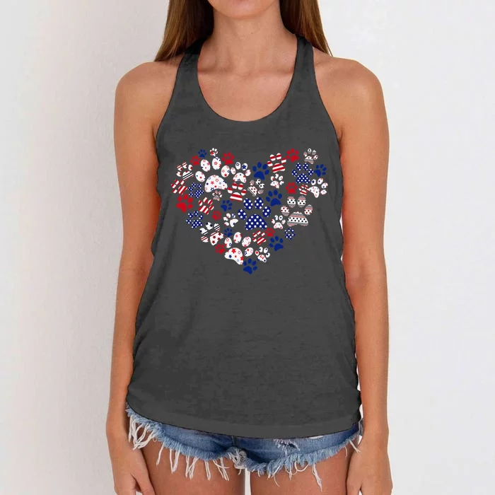 Patriotic Heart American Flag 4th Of July Dog Paw Prints Women's Knotted Racerback Tank