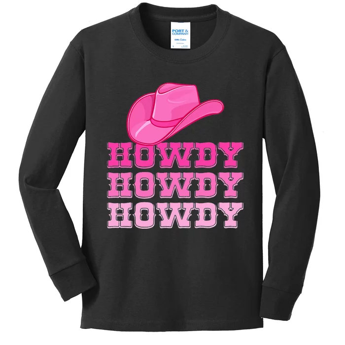 Pink Howdy Cow Western Country Southern Rodeo Kids Long Sleeve Shirt