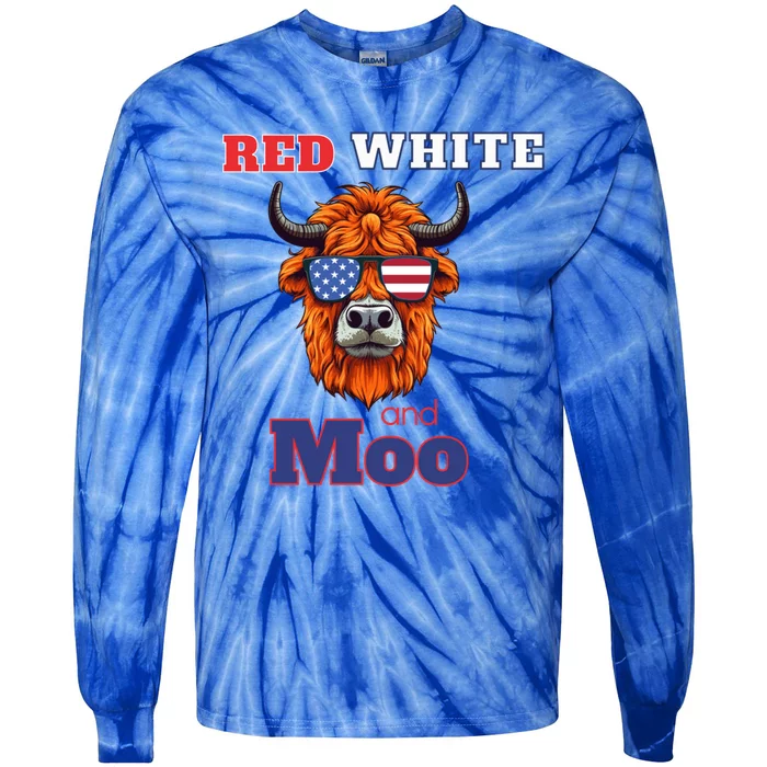 Patriotic Highland Cow Red White Moo Usa Flag Themed July 4 Gift Tie-Dye Long Sleeve Shirt