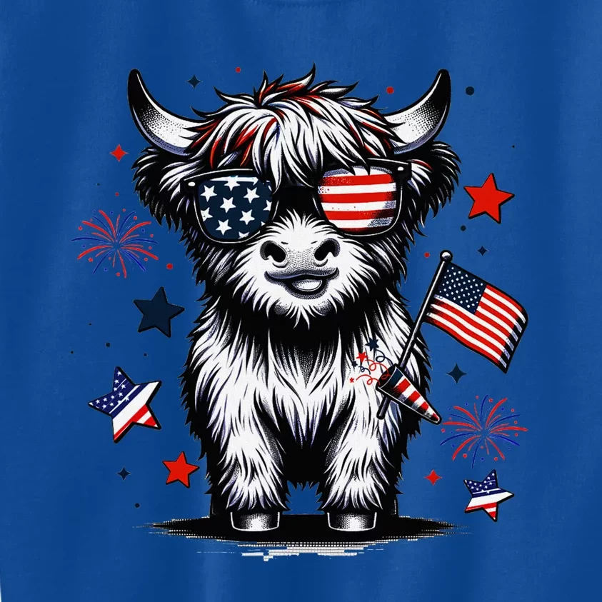 Patriotic Highland Cow 4th Of July Design Kids Sweatshirt