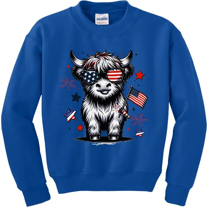 Patriotic Highland Cow 4th Of July Design Kids Sweatshirt