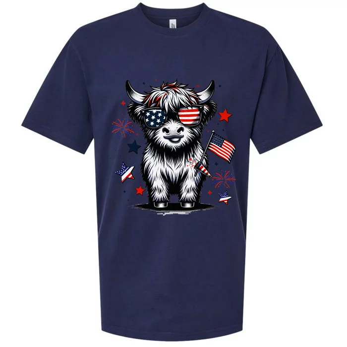 Patriotic Highland Cow 4th Of July Design Sueded Cloud Jersey T-Shirt