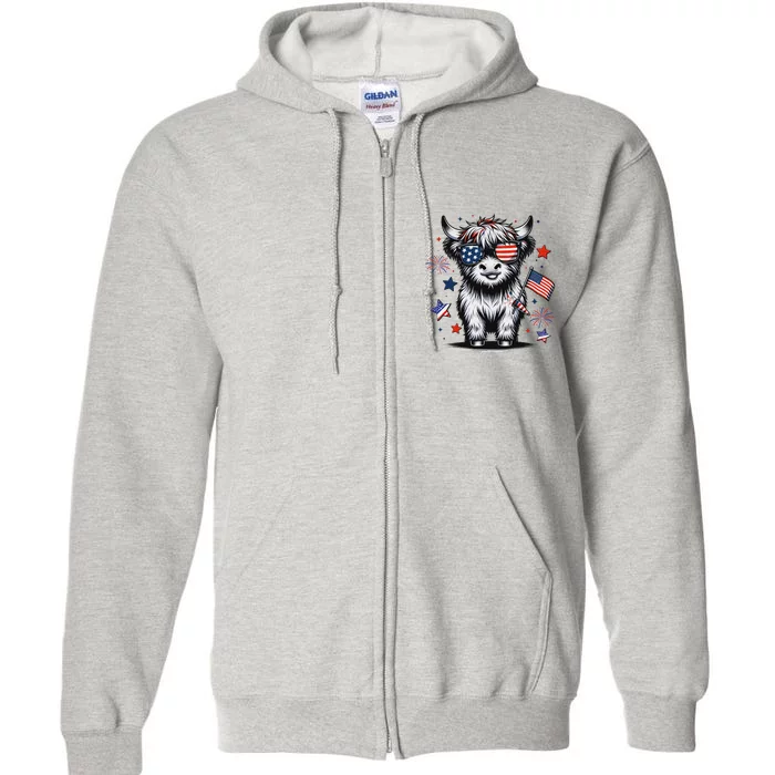 Patriotic Highland Cow 4th Of July Full Zip Hoodie