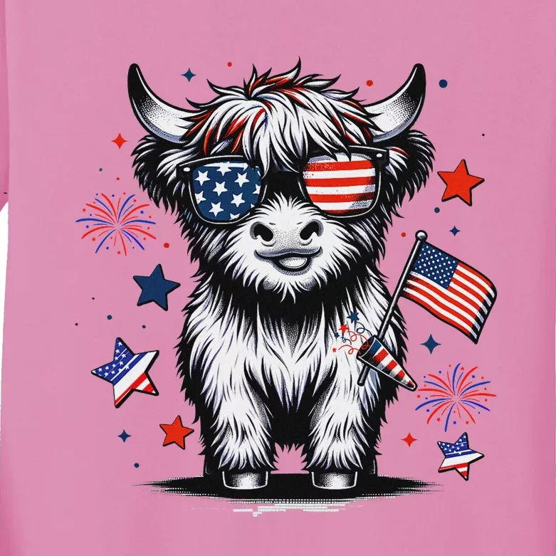 Patriotic Highland Cow 4th Of July Kids Long Sleeve Shirt