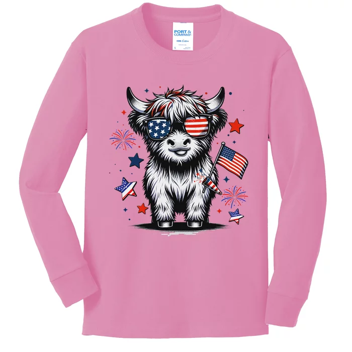 Patriotic Highland Cow 4th Of July Kids Long Sleeve Shirt