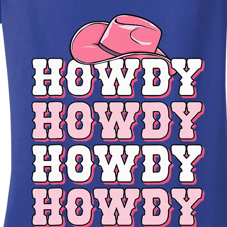 Pink Howdy Cow Print Western Country Cowgirl Texas Rodeo Women's V-Neck T-Shirt