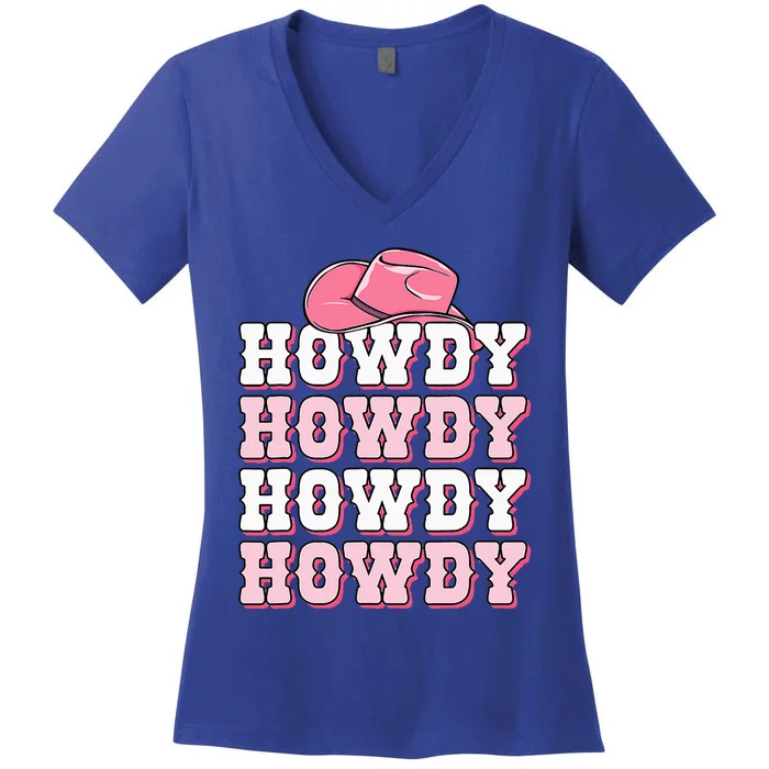 Pink Howdy Cow Print Western Country Cowgirl Texas Rodeo Women's V-Neck T-Shirt