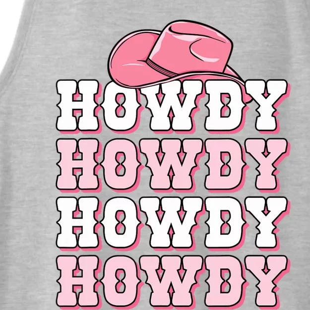 Pink Howdy Cow Print Western Country Cowgirl Texas Rodeo Ladies Tri-Blend Wicking Tank