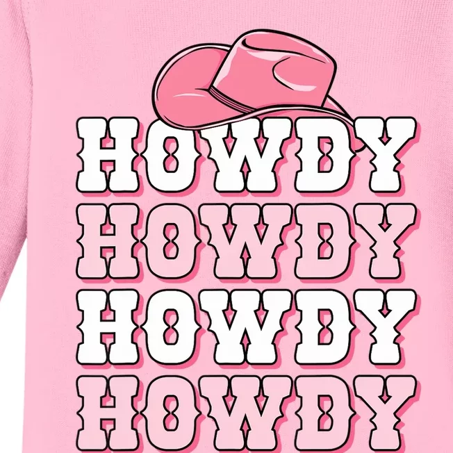 Pink Howdy Cow Print Western Country Cowgirl Texas Rodeo Baby Long Sleeve Bodysuit