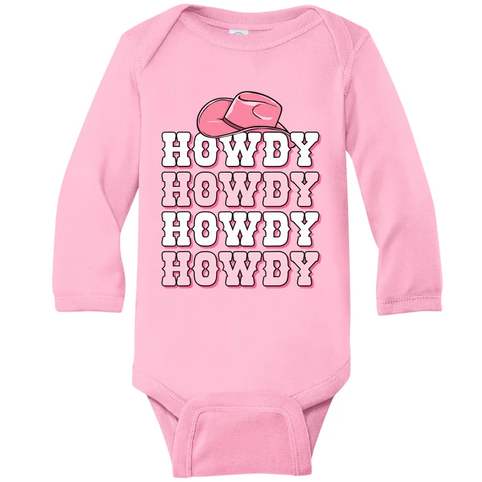 Pink Howdy Cow Print Western Country Cowgirl Texas Rodeo Baby Long Sleeve Bodysuit