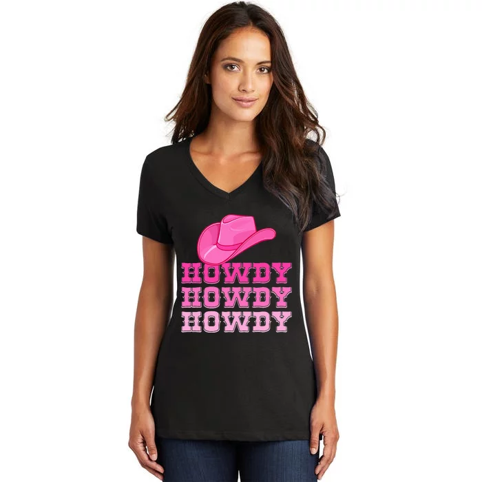 Pink Howdy Cowgirl Western Country Rodeo Women's V-Neck T-Shirt