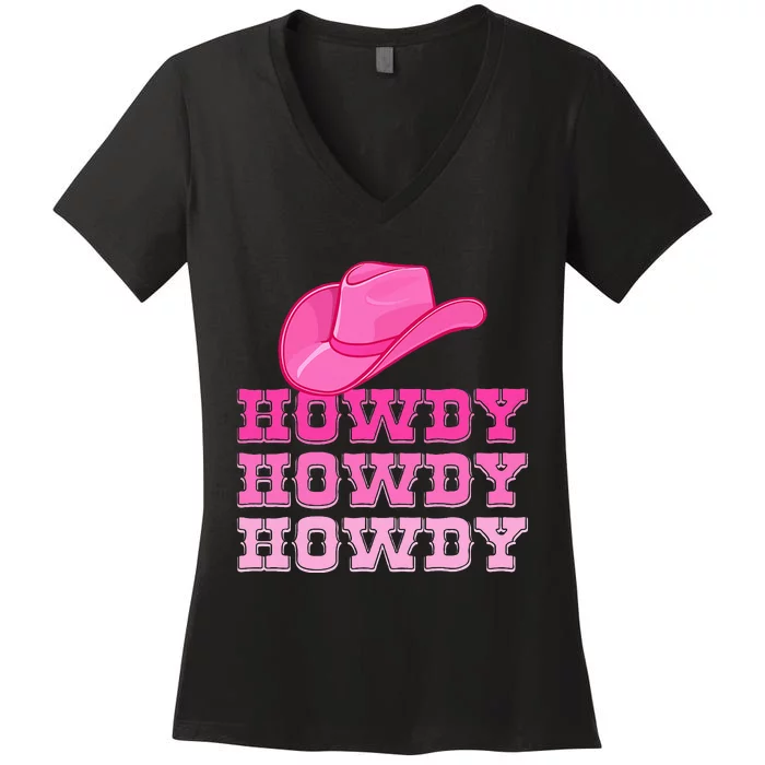 Pink Howdy Cowgirl Western Country Rodeo Women's V-Neck T-Shirt