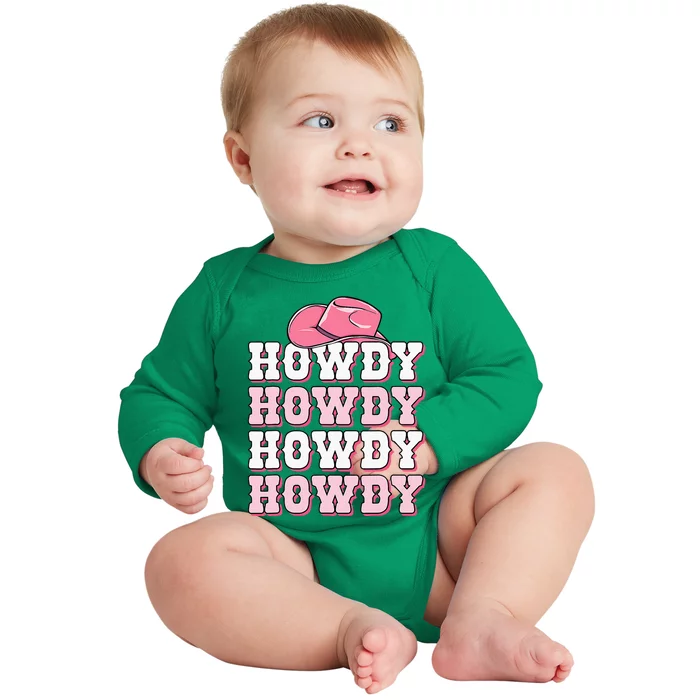 Pink Howdy Cow Western Country Cowgirl Texas Rodeo Baby Long Sleeve Bodysuit