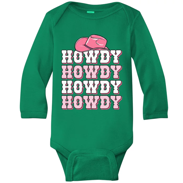 Pink Howdy Cow Western Country Cowgirl Texas Rodeo Baby Long Sleeve Bodysuit