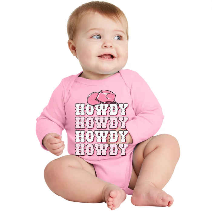 Pink Howdy Cow Print Western Country Cowgirl Texas Rodeo Baby Long Sleeve Bodysuit