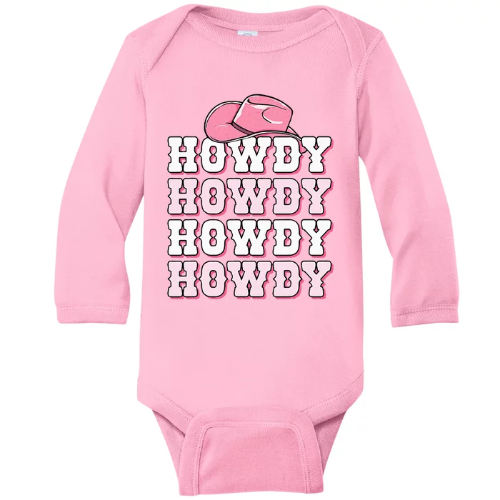 Pink Howdy Cow Print Western Country Cowgirl Texas Rodeo Baby Long Sleeve Bodysuit