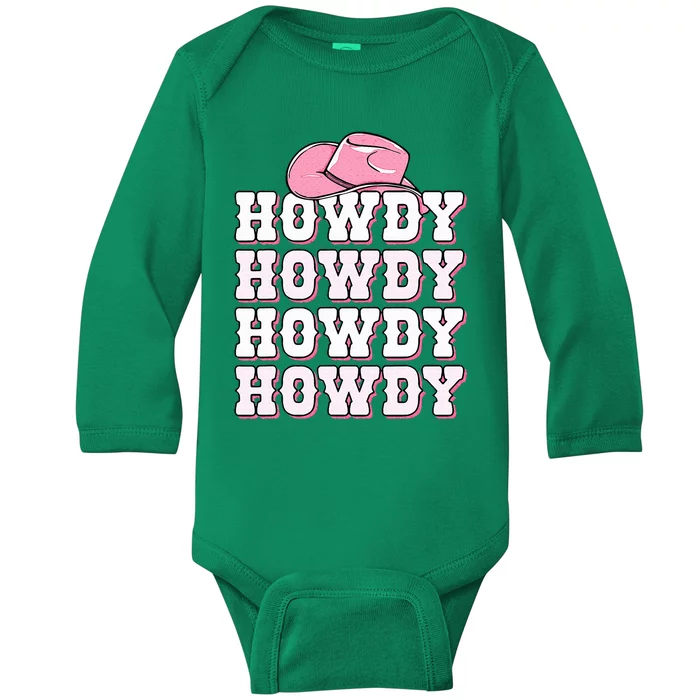 Pink Howdy Cow Print Western Country Cowgirl Texas Rodeo Baby Long Sleeve Bodysuit