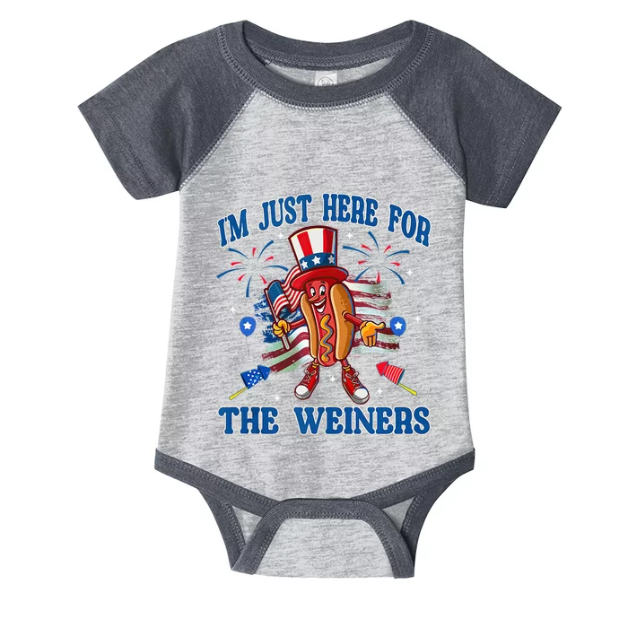 Patriotic Hot Dog Im Just Here For The Wieners 4th Of July Infant Baby Jersey Bodysuit