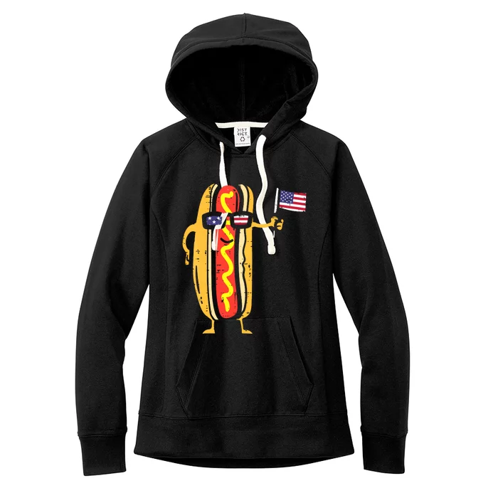 Patriotic Hot Dog American Flag USA Funny 4th Of July Fourth Women's Fleece Hoodie