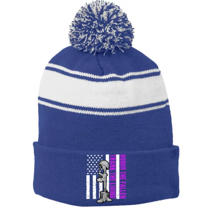 Purple Heart Day Military Honor The Fallen Thank The Living Cool Gift Stripe Pom Pom Beanie