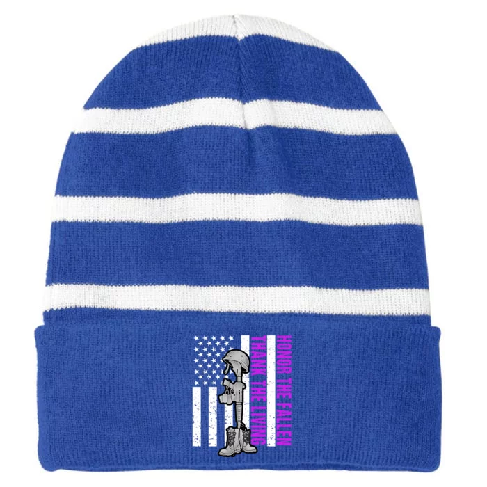 Purple Heart Day Military Honor The Fallen Thank The Living Meaningful Gift Striped Beanie with Solid Band