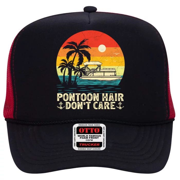 Pontoon Hair Dont Care Vintage Sunset Pontoon Boat Captain Great Gift High Crown Mesh Trucker Hat