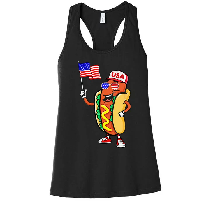 Patriotic Hot Dog American Flag USA Funny 4th Of July Fourth Women's Racerback Tank