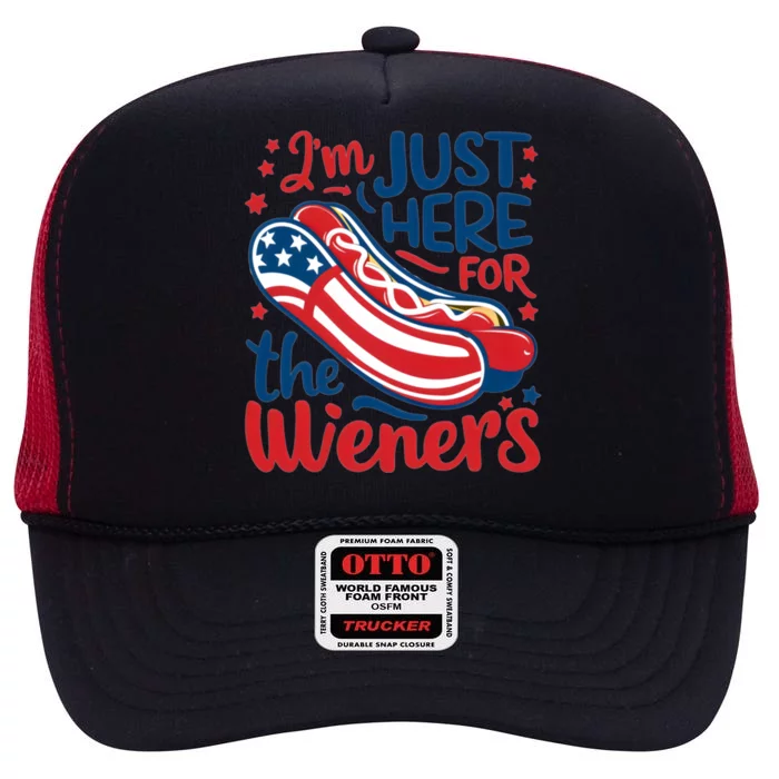 Patriotic Hot Dog IM Just Here For The Wieners Great Gift High Crown Mesh Trucker Hat