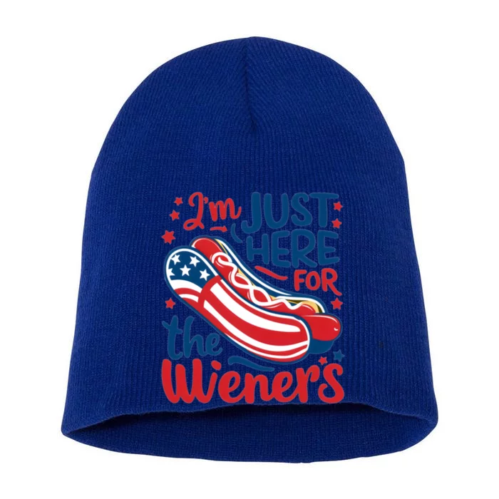 Patriotic Hot Dog IM Just Here For The Wieners Great Gift Short Acrylic Beanie