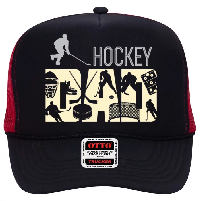 Proud Hockey Dad Daddy Fathers Day Gift Puck Net Stick Ice Gift High Crown Mesh Trucker Hat