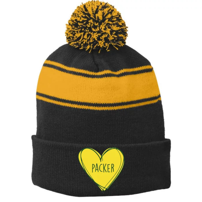 Packers Heart Football Team Touchdown Stripe Pom Pom Beanie