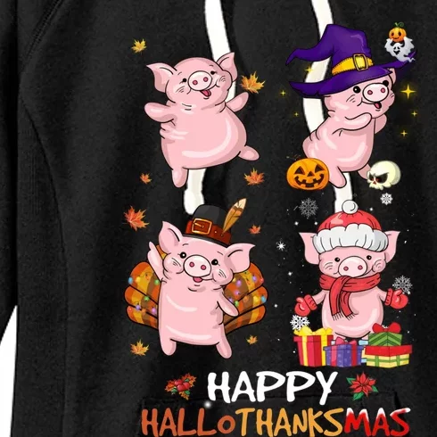 Pig Happy Hallothanksmas Halloween Thanksgiving Xmas Women's Fleece Hoodie