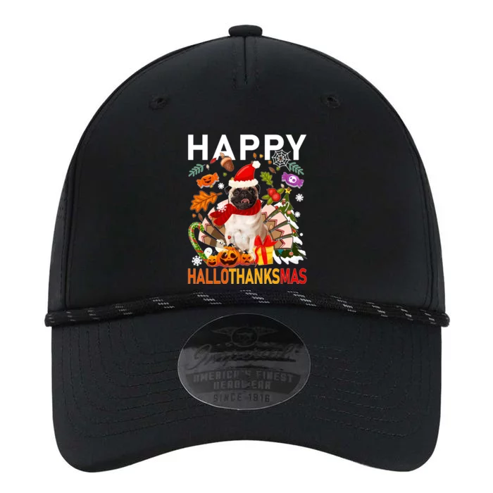 Pug Happy Hallothanksmas Halloween Thanksgiving Christmas Sweatshirt Performance The Dyno Cap