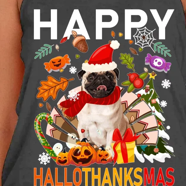 Pug Happy Hallothanksmas Halloween Thanksgiving Christmas Sweatshirt Women's Knotted Racerback Tank