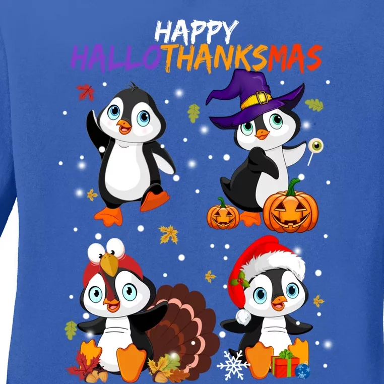 Penguin Happy Hallothanksmas Halloween Thanksgiving Xmas Cute Gift Ladies Long Sleeve Shirt