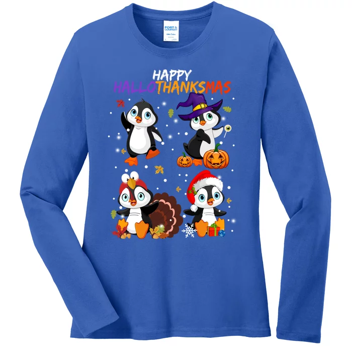 Penguin Happy Hallothanksmas Halloween Thanksgiving Xmas Cute Gift Ladies Long Sleeve Shirt