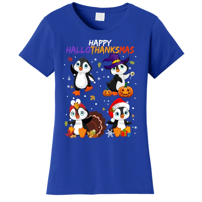 Penguin Happy Hallothanksmas Halloween Thanksgiving Xmas Cute Gift Women's T-Shirt