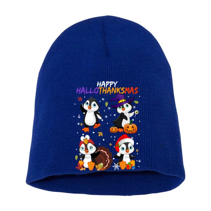 Penguin Happy Hallothanksmas Halloween Thanksgiving Xmas Cute Gift Short Acrylic Beanie