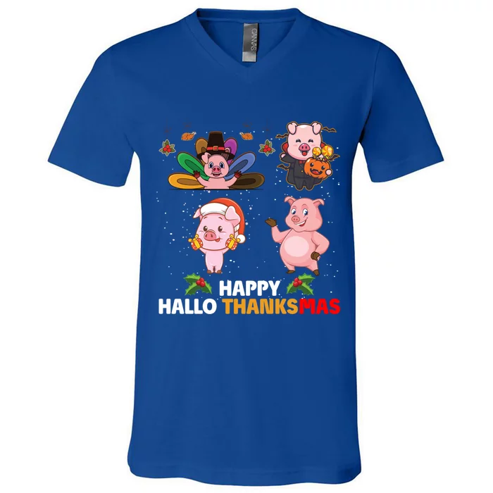 Pig Happy Hallothanksmas Halloween Thanksgiving Xmas Gift V-Neck T-Shirt