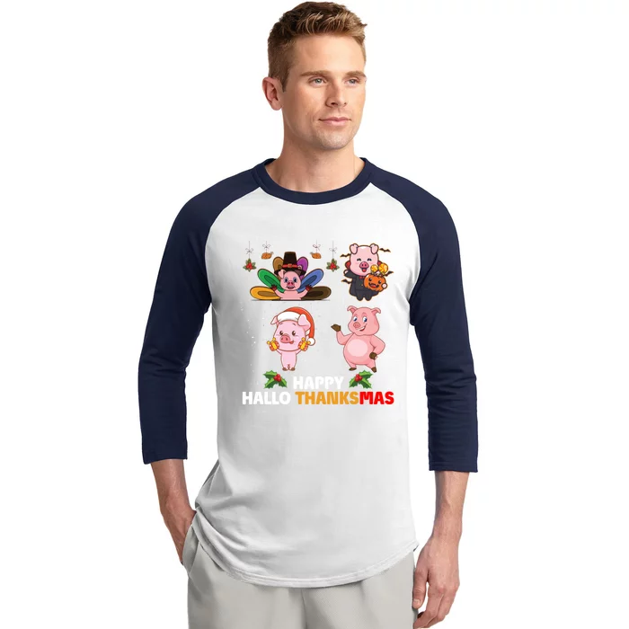 Pig Happy Hallothanksmas Halloween Thanksgiving Xmas Gift Baseball Sleeve Shirt