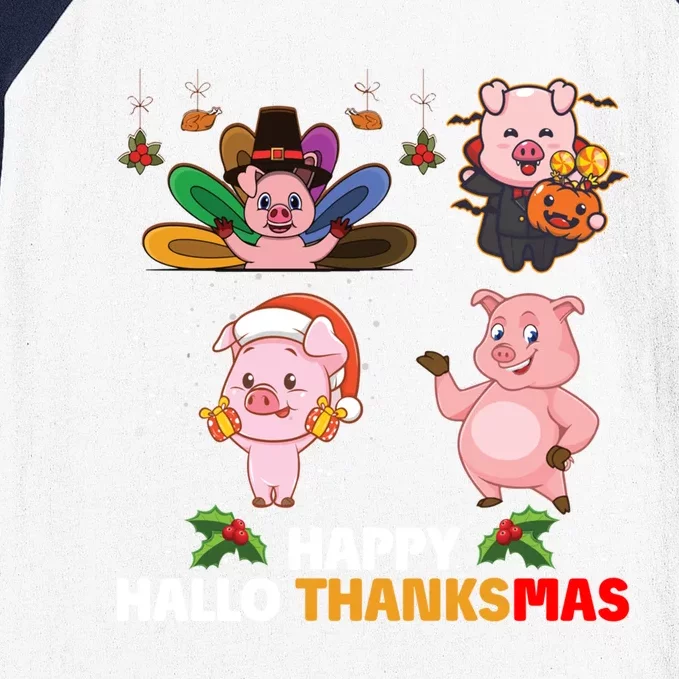 Pig Happy Hallothanksmas Halloween Thanksgiving Xmas Gift Baseball Sleeve Shirt