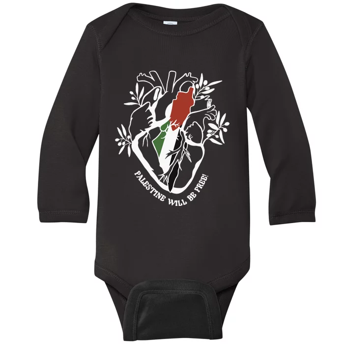 Palestine Heart Human Rights Palestine Free Freedom Palestine Flag Baby Long Sleeve Bodysuit