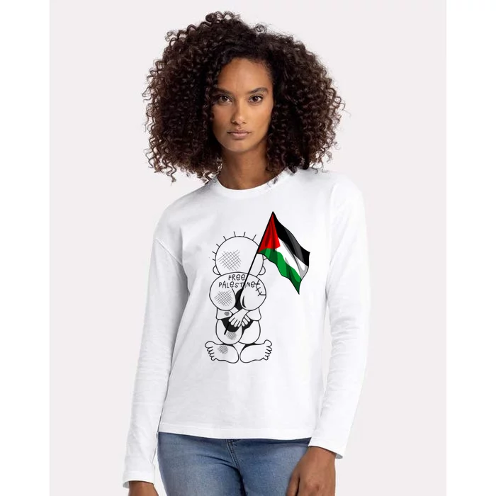 Palestine Hanzala Holding Palestinian Flag Free Palestine Gift Womens Cotton Relaxed Long Sleeve T-Shirt