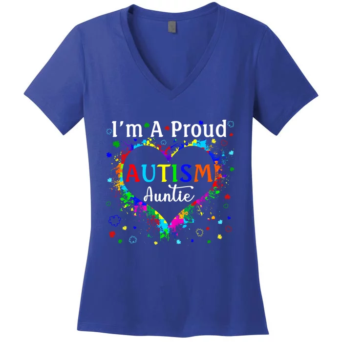 Puzzle Heart I'm A Proud Autism Auntie Autism Awareness Gift Women's V-Neck T-Shirt