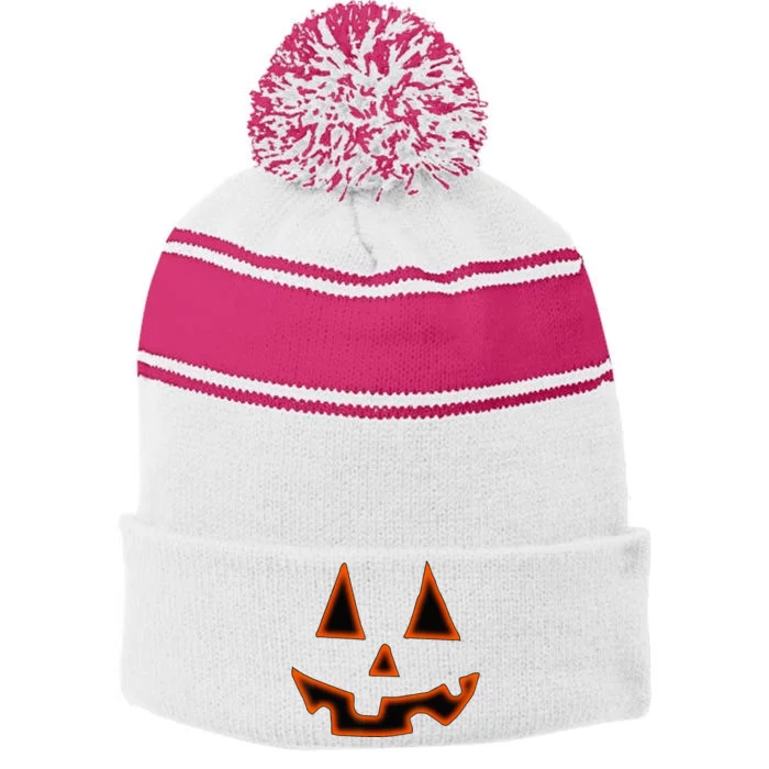 Pumpkin Halloween Jack O Lantern Face Stripe Pom Pom Beanie