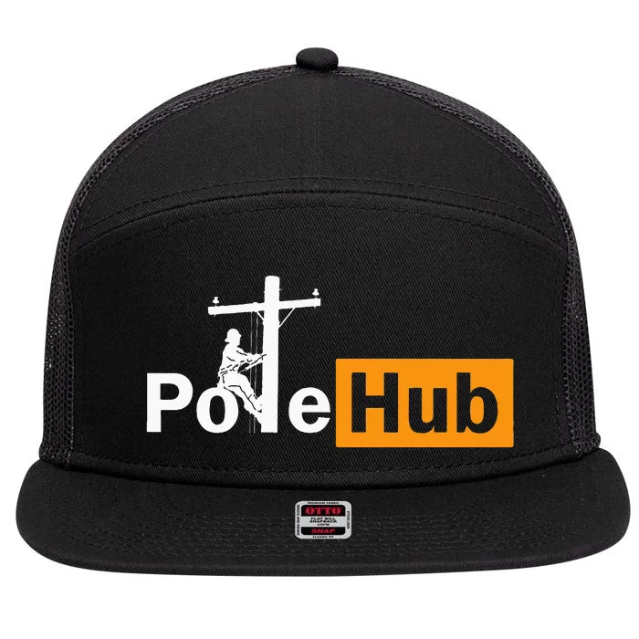 Pole Hub Lineman Line Worker Utility Pole Funny Lineman Fun 7 Panel Mesh Trucker Snapback Hat