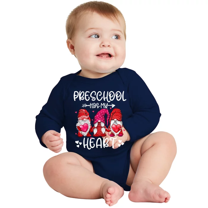 Preschool Has My Heart Gnome Teacher Valentines Day Funny Gift Baby Long Sleeve Bodysuit